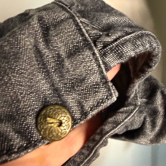 Free People Denim & Lace Boho Blouse Size XS Gray Black Sheer Panel Top - Picture 10 of 16